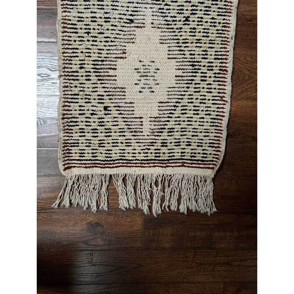 Vintage Wool Wall Hanging Crewel – Geometric Double Panel Tapestry with Fringe